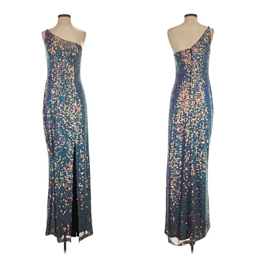 Nightway Iridescent Blue Sequin One Shoulder Maxi Gown Size 10